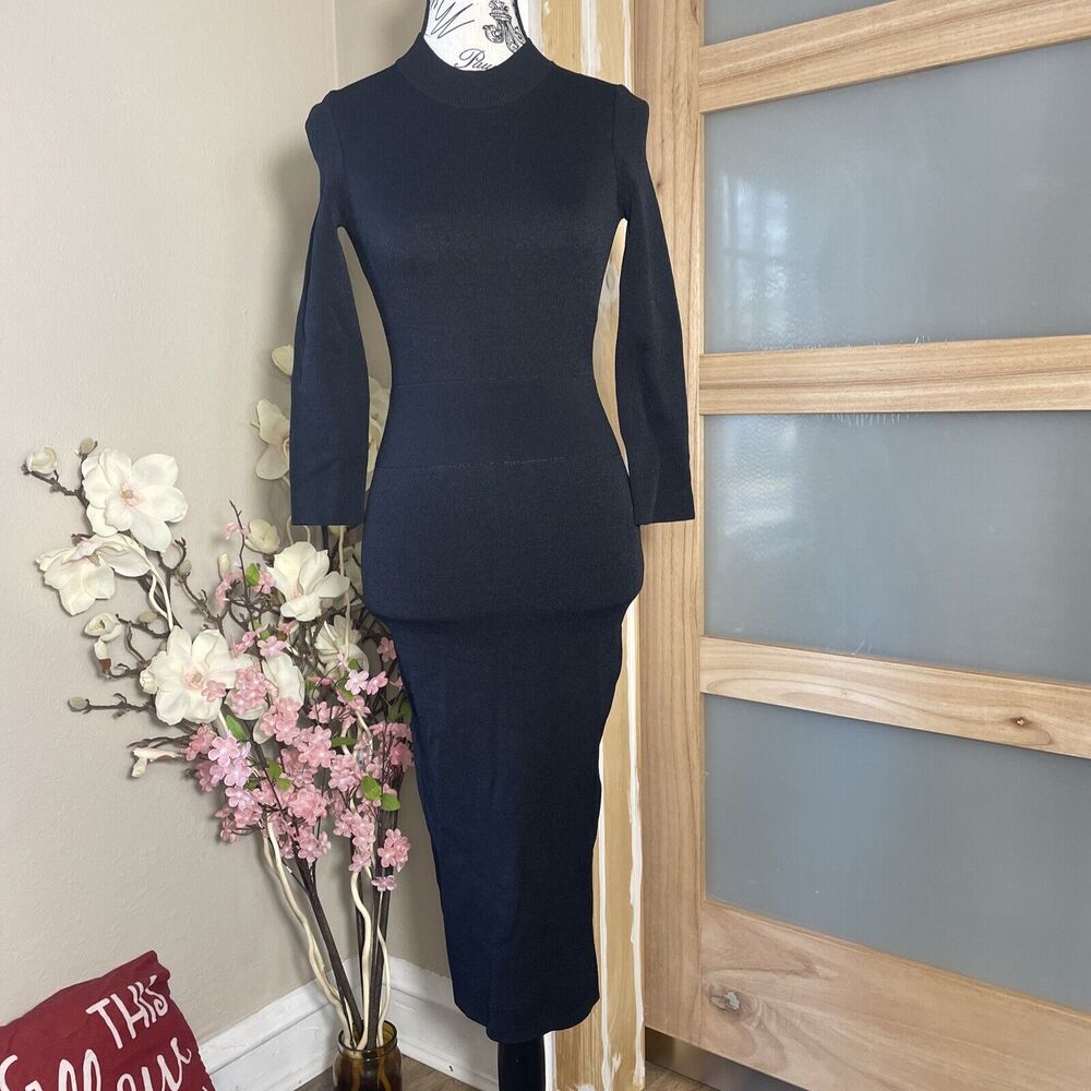 Rachel Roy Black Long Sleeve Fitted Midi Dress Sz XS Open Back Winter Evening